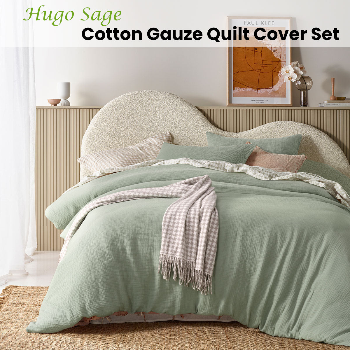 Hugo Sage Cotton Gauze Quilt Cover Set King featuring a soft solid color design, perfect for a cozy bedroom atmosphere.