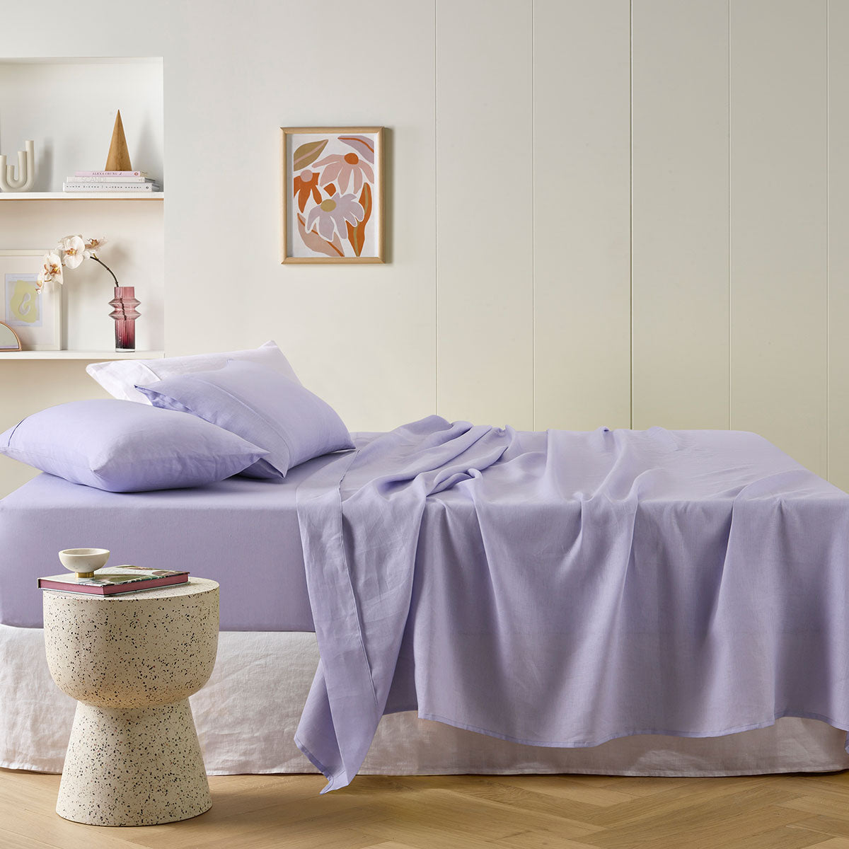 Lilac French Linen Sheet Set by Vintage Design Homewares, featuring a flat sheet, fitted sheet, and pillowcase in soft lilac color.