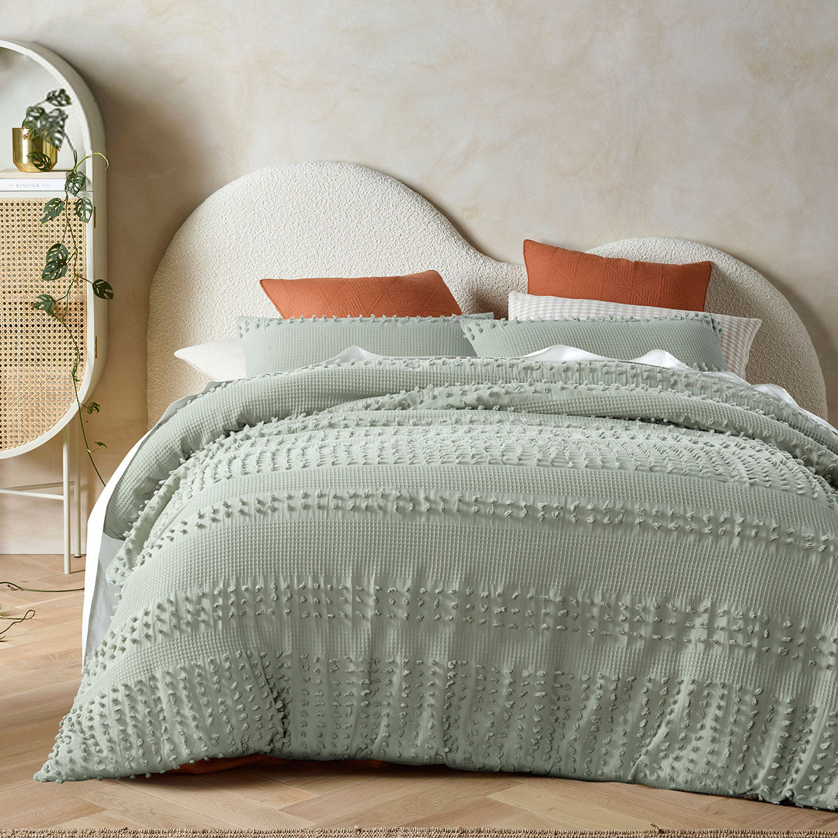 Luca Sage Cotton Quilt Cover Set featuring soft applique design in sage color, includes quilt cover and two pillowcases.