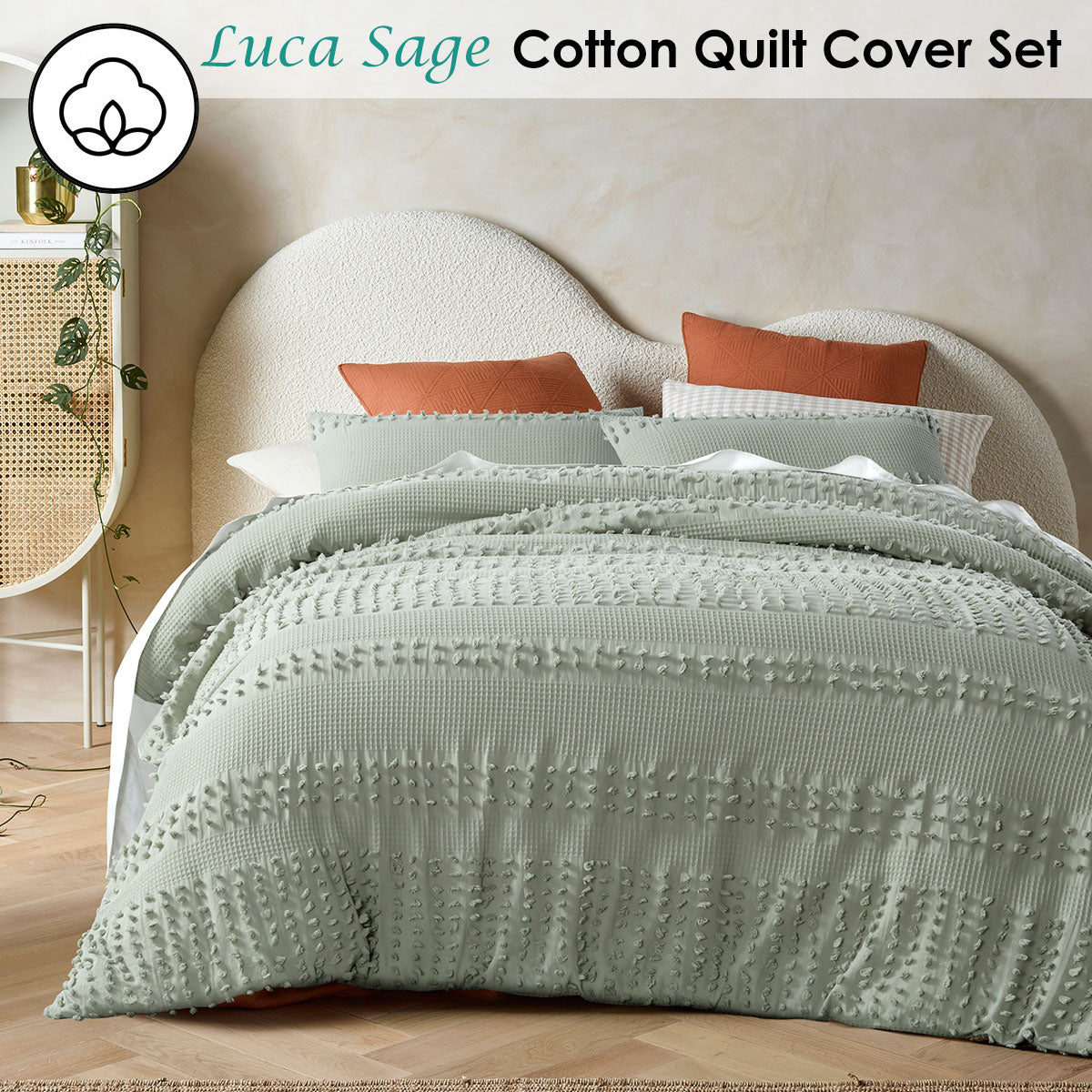 Luca Sage Cotton Quilt Cover Set featuring soft applique design in sage color, includes quilt cover and two pillowcases.