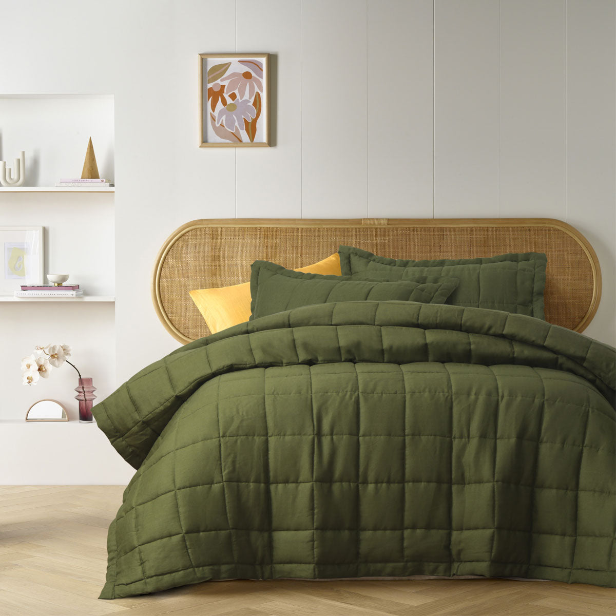 Olive French Linen Coverlet Set King featuring quilted squares design, soft linen fabric, and matching pillowcases.