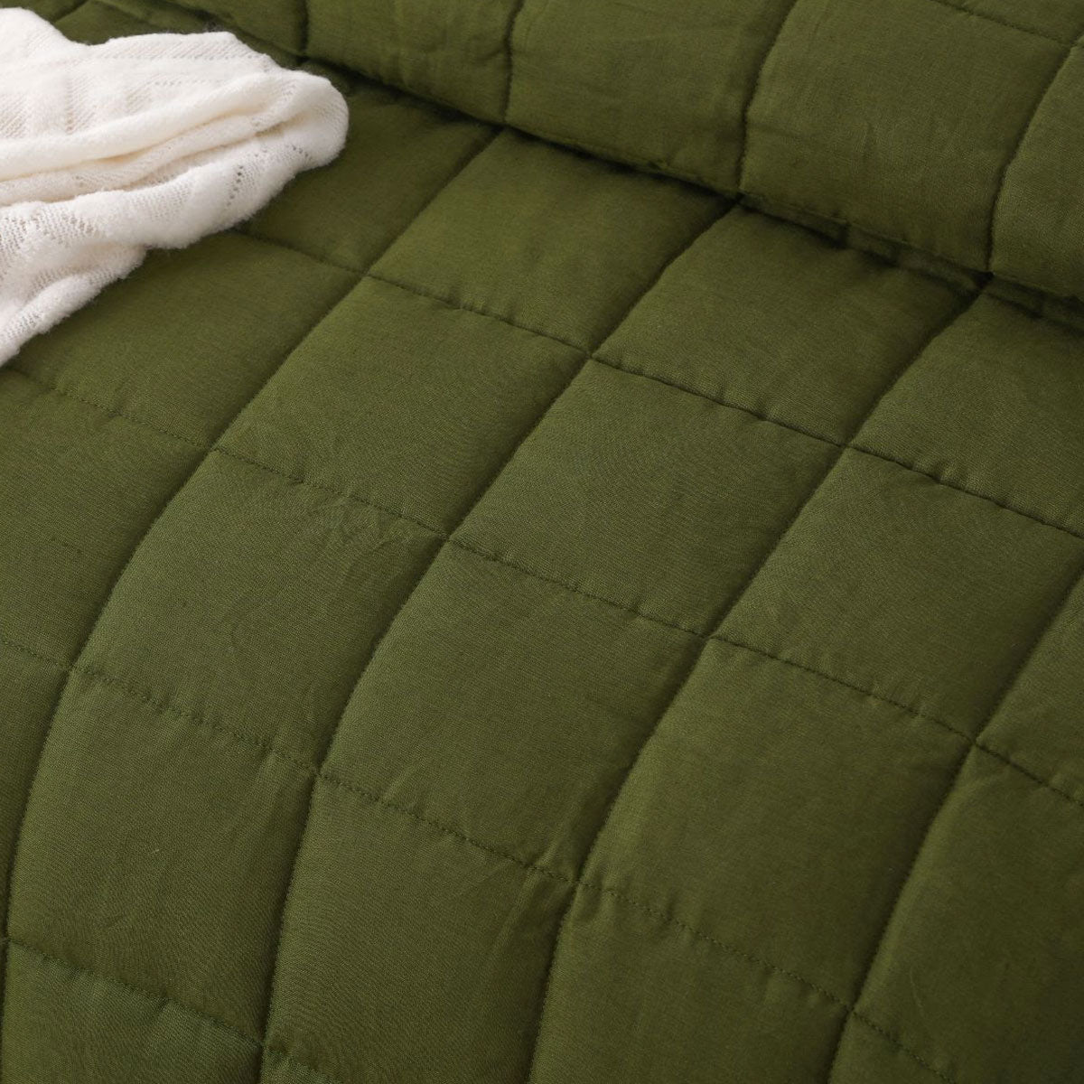 Olive French Linen Coverlet Set King featuring quilted squares design, soft linen fabric, and matching pillowcases.