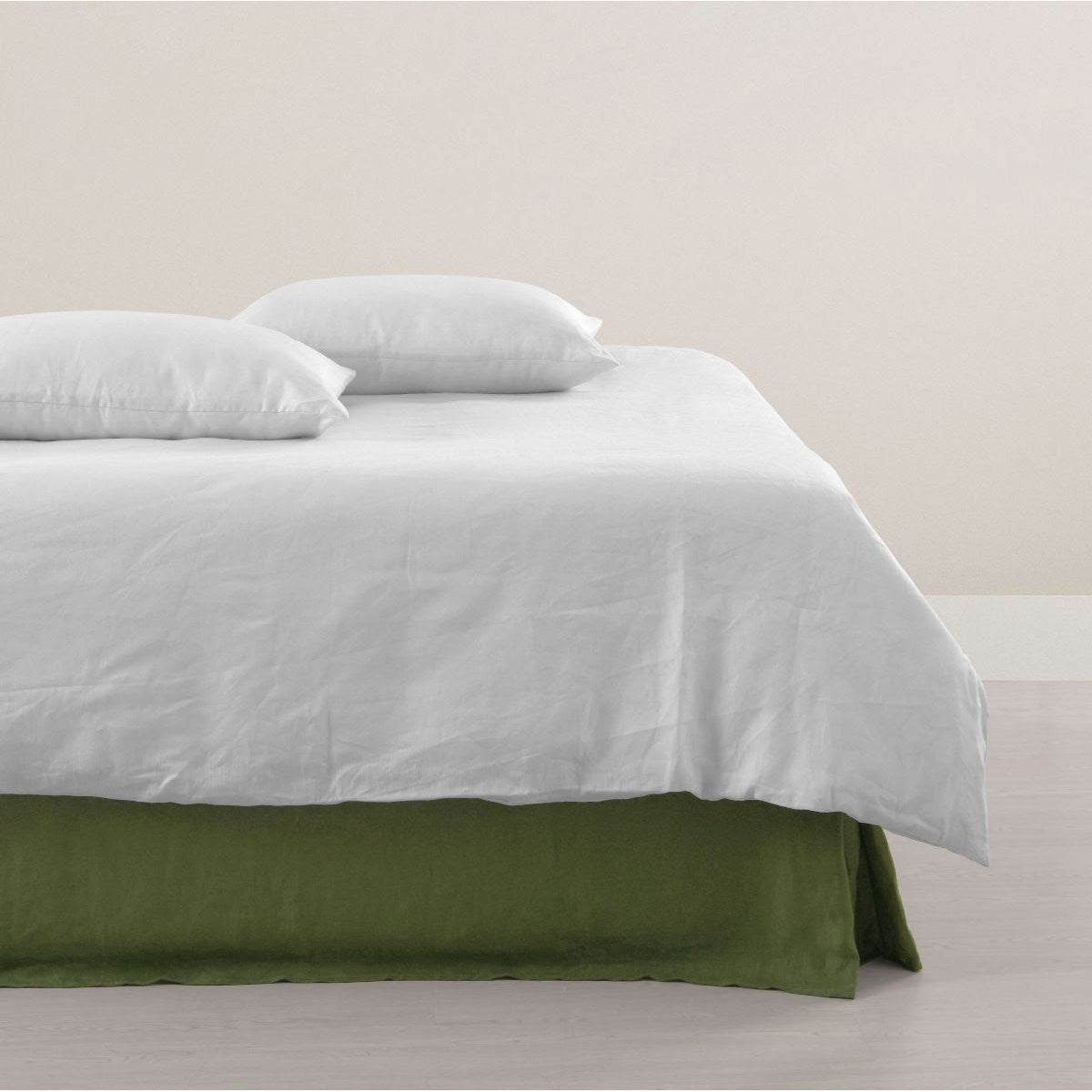 Olive French Linen Valance by Vintage Design Homewares, featuring a solid color design, perfect for super king beds.