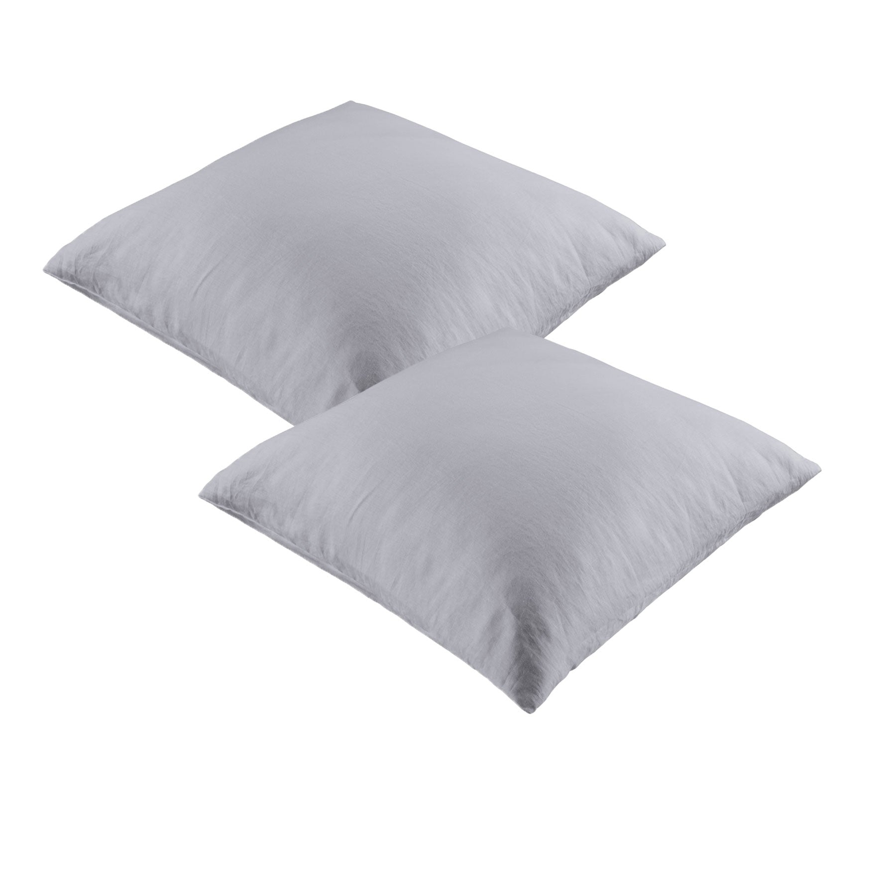 A pair of dove grey European pillowcases made from 100% linen, showcasing a smooth texture and elegant design, perfect for bedroom decor.