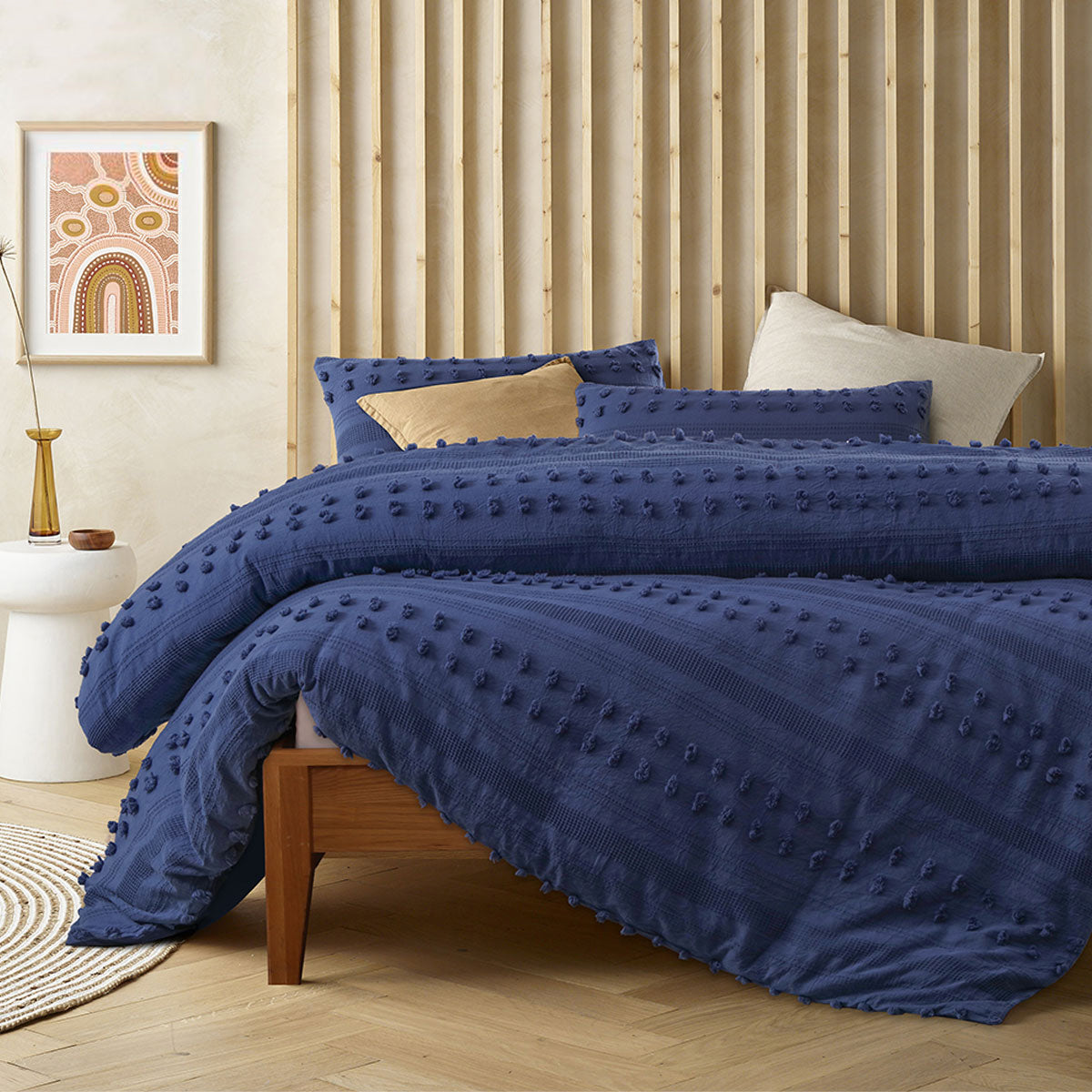 Vintage Design Homewares Bijou Blue Cotton Quilt Cover Set featuring a chic chenille and waffle pattern, perfect for stylish bedroom decor.