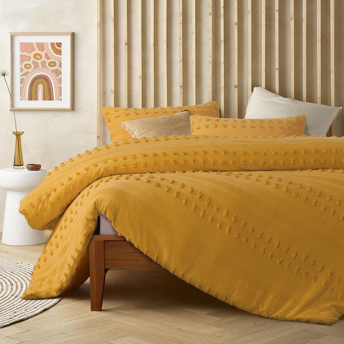 Vintage Design Homewares Sans Sovci Ochre Cotton Quilt Cover Set featuring a chic chenille and waffle pattern, perfect for king-sized beds.