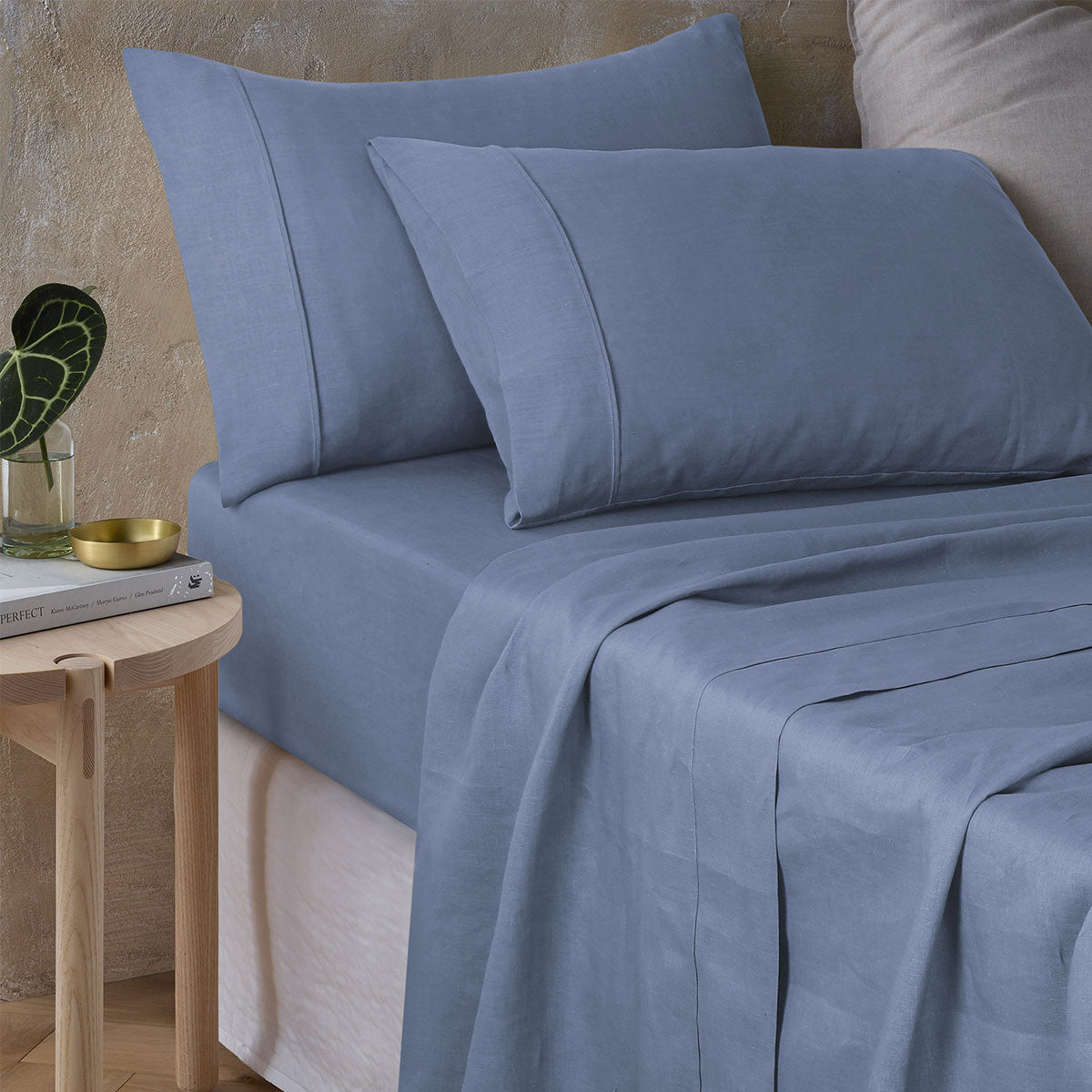 Sky Blue 100% Hemp Sheet Set including flat sheet, fitted sheet, and pillowcases, showcasing soft texture and eco-friendly fabric.