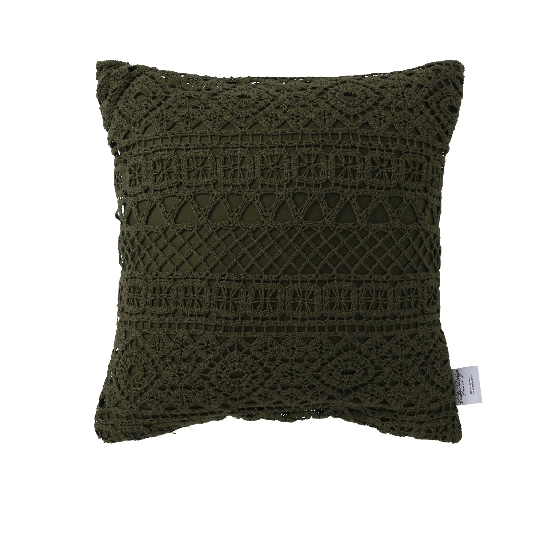 Vintage Design Homewares Tenille Olive Cotton Lace Cushion Cover featuring intricate lace pattern and soft cotton fabric.