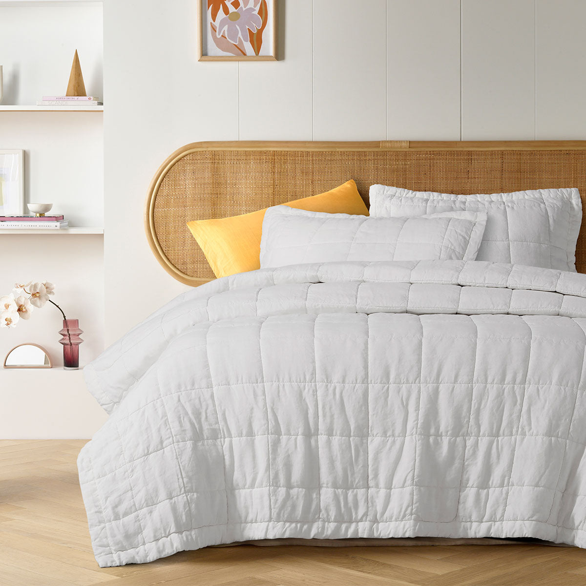 Vintage Design Homewares White French Linen Coverlet Set displayed on a queen-sized bed, featuring a quilted square design and soft linen fabric.