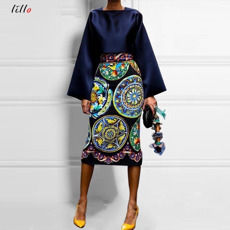 Vintage Printed Long-sleeved Mid-length Skirt Suit featuring a stylish A-line silhouette and flutter sleeves, perfect for summer casual wear.