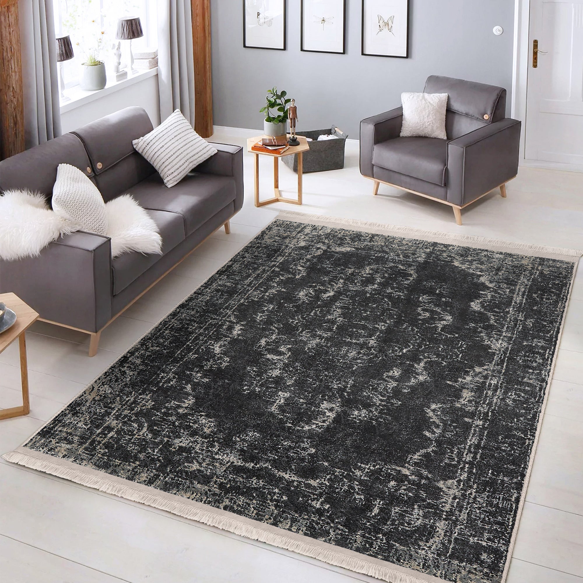 Dark Color Vintage Washable Area Rug with intricate patterns and fringes, showcasing its soft texture and non-slip base.