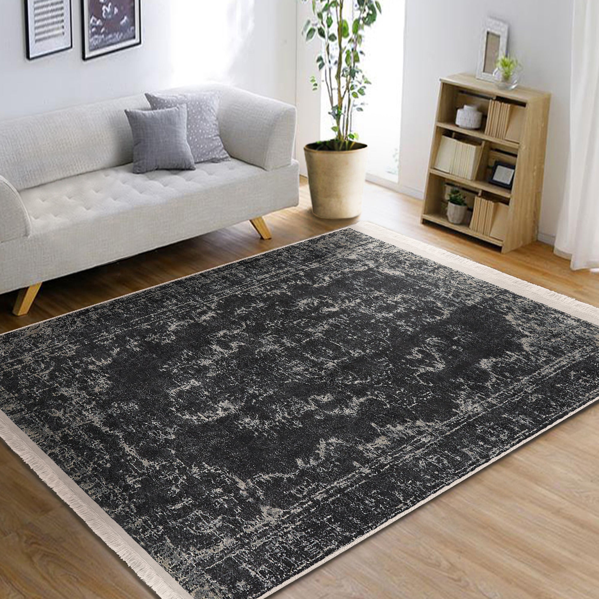 Dark Color Vintage Washable Area Rug with intricate patterns and fringes, showcasing its soft texture and non-slip base.