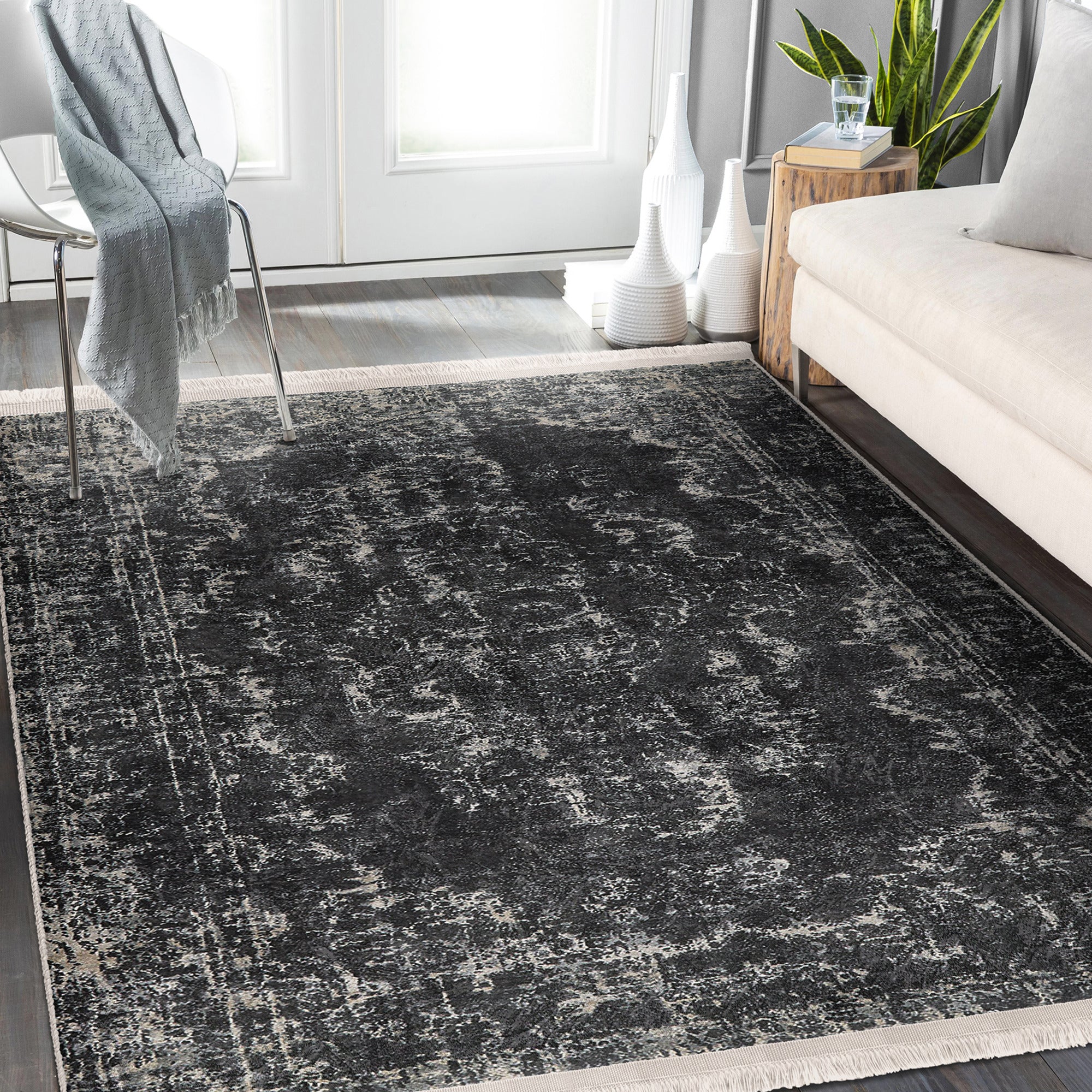 Dark Color Vintage Washable Area Rug with intricate patterns and fringes, showcasing its soft texture and non-slip base.