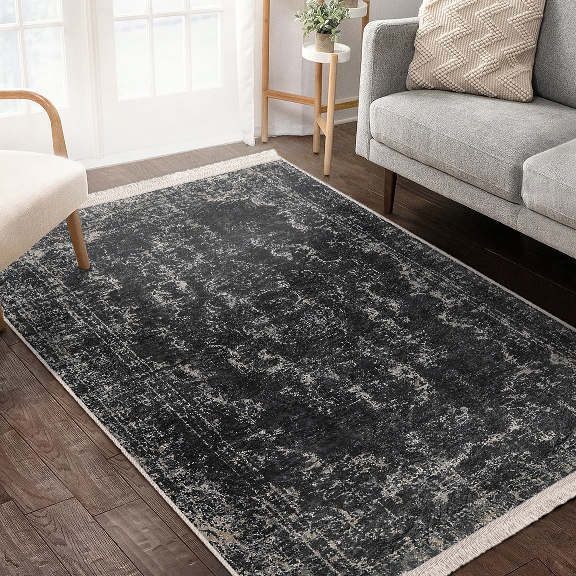 Dark Color Vintage Washable Area Rug with intricate patterns and fringes, showcasing its soft texture and non-slip base.