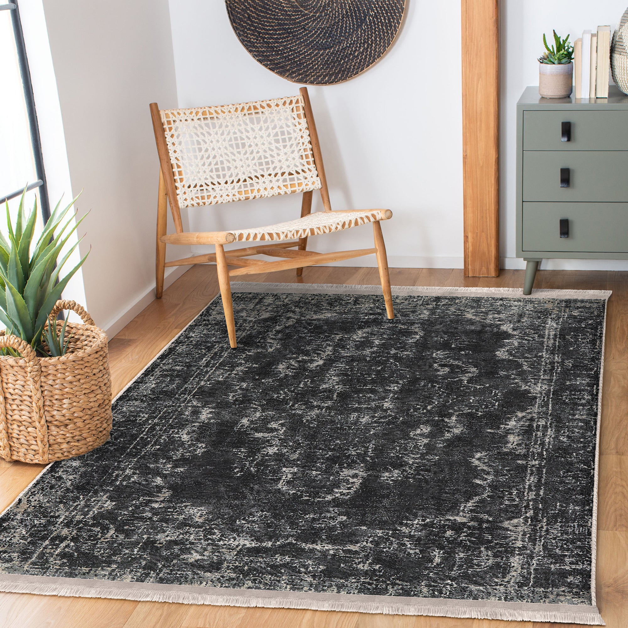 Dark Color Vintage Washable Area Rug with intricate patterns and fringes, showcasing its soft texture and non-slip base.