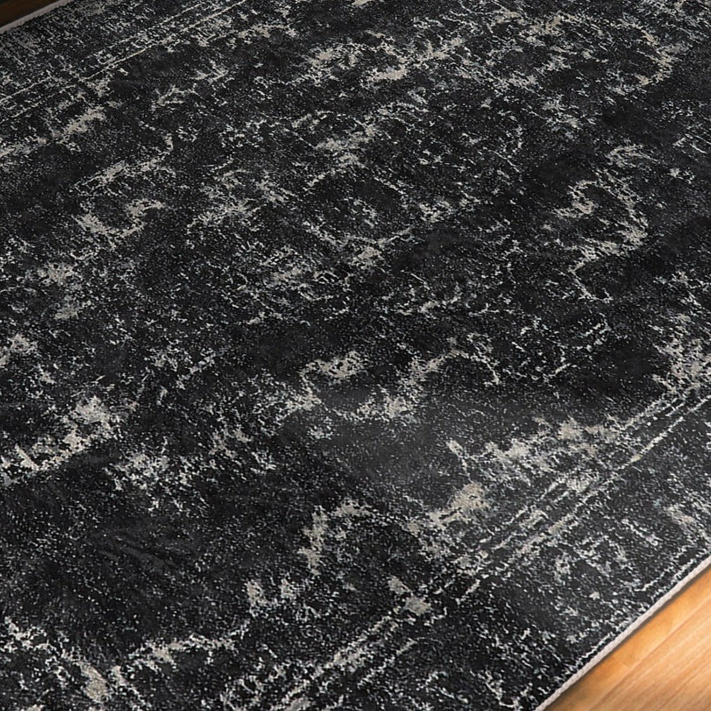 Dark Color Vintage Washable Area Rug with intricate patterns and fringes, showcasing its soft texture and non-slip base.