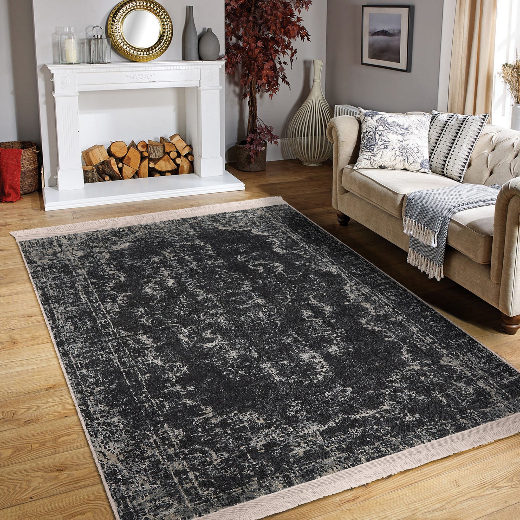 Dark Color Vintage Washable Area Rug with intricate patterns and fringes, showcasing its soft texture and non-slip base.