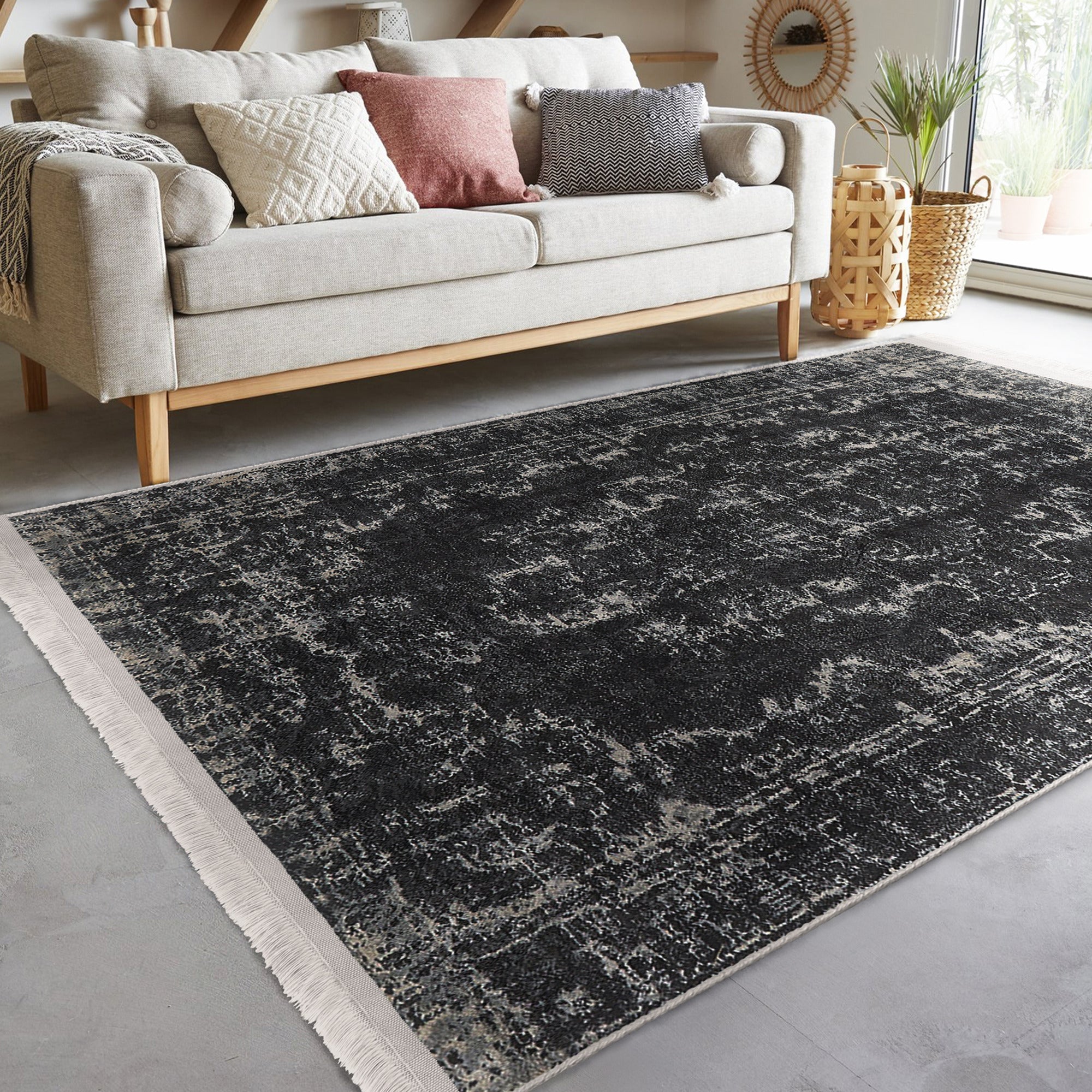 Dark Color Vintage Washable Area Rug with intricate patterns and fringes, showcasing its soft texture and non-slip base.