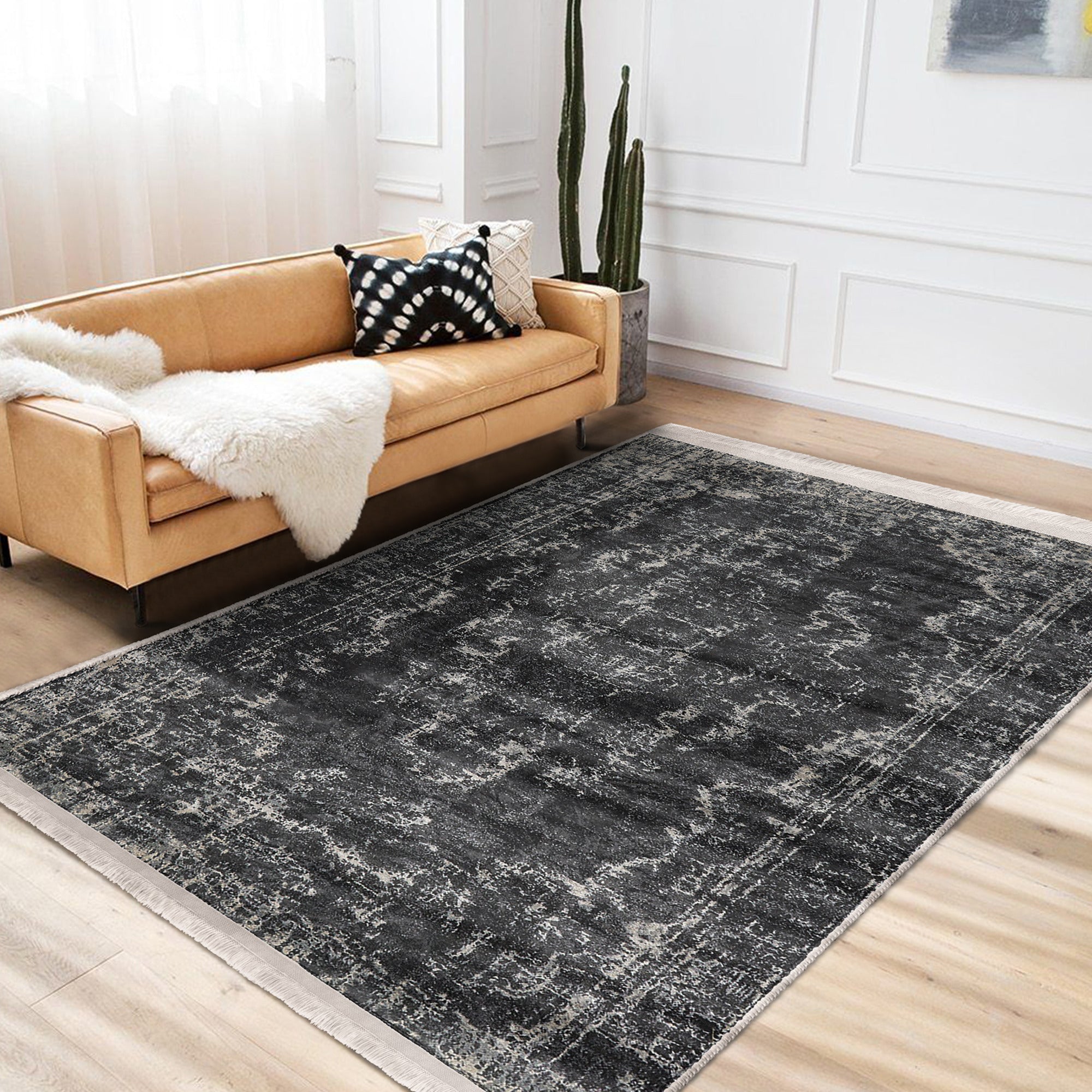 Dark Color Vintage Washable Area Rug with intricate patterns and fringes, showcasing its soft texture and non-slip base.