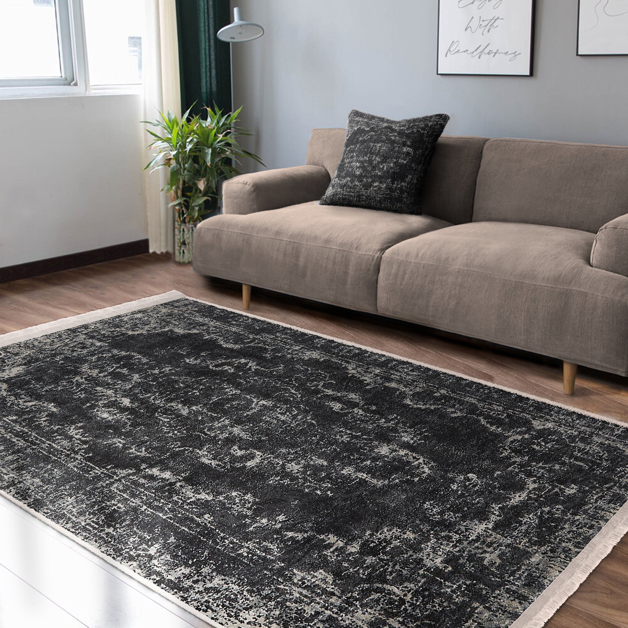 Dark Color Vintage Washable Area Rug with intricate patterns and fringes, showcasing its soft texture and non-slip base.