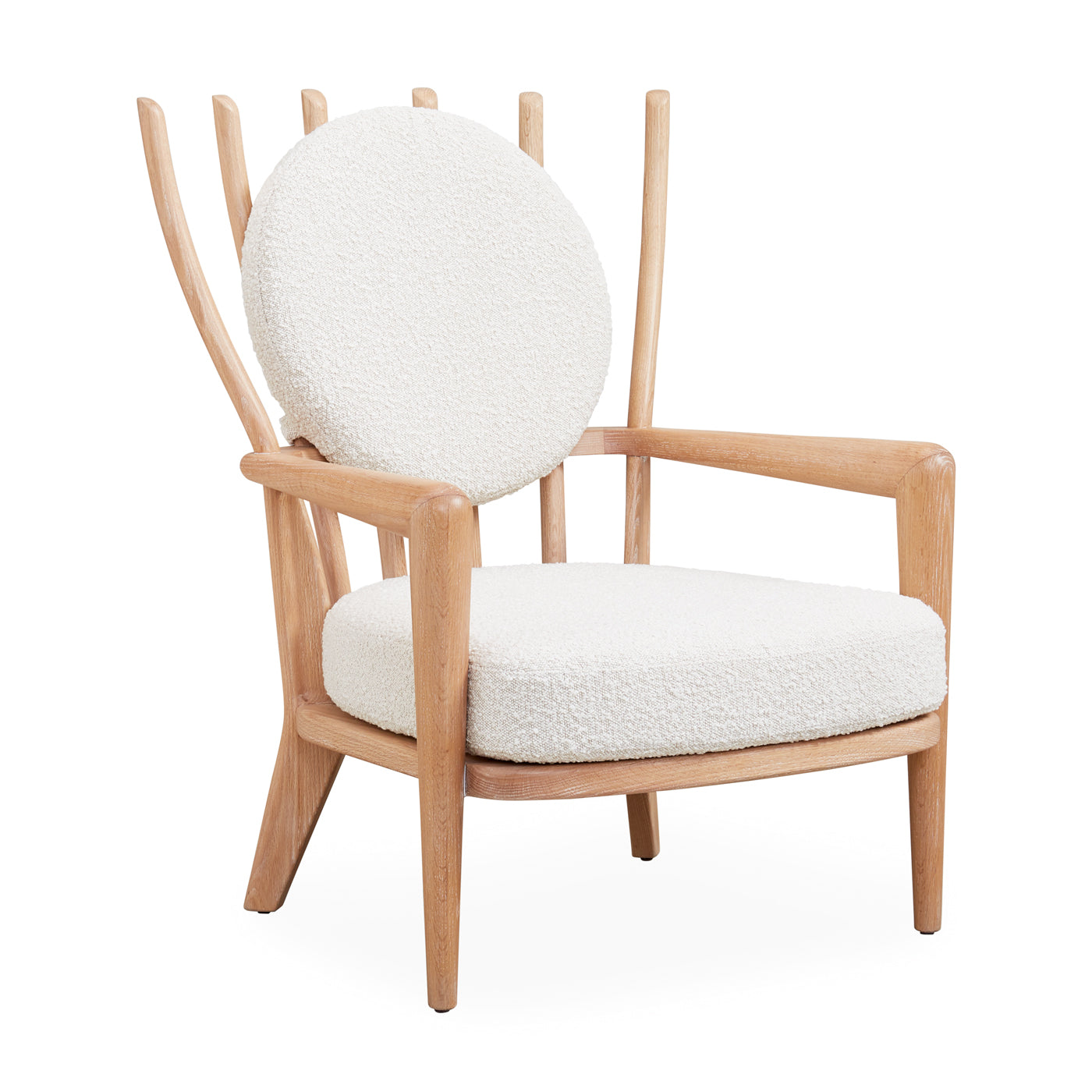 Voltaire Lounge Chair featuring a solid turned oak frame and oatmeal bouclé upholstery, showcasing a stylish and comfortable design.