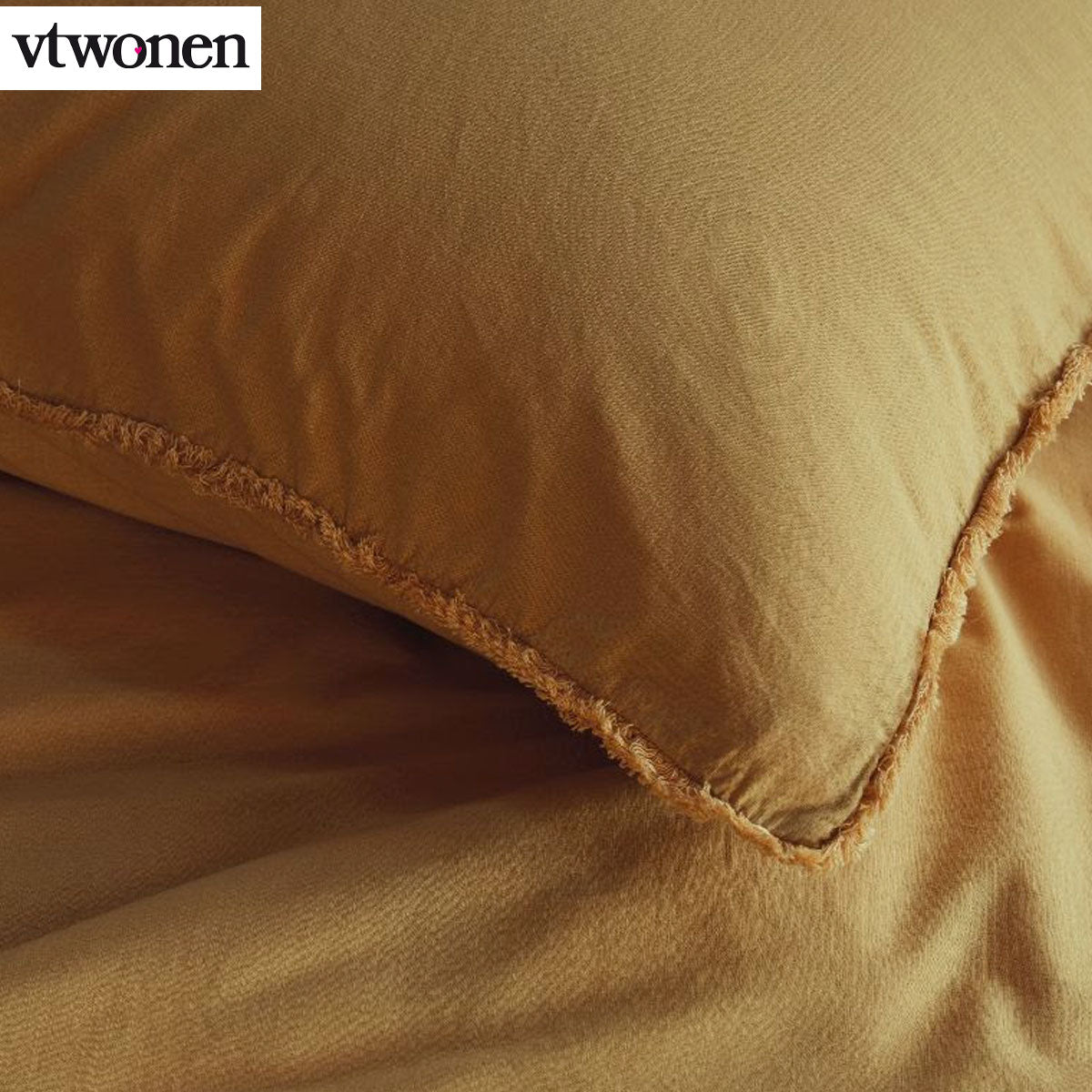 VTWonen Natural Stone Fraying Yellow Quilt Cover Set featuring a soft yellow quilt cover and matching pillowcases, perfect for elegant bedroom decor.