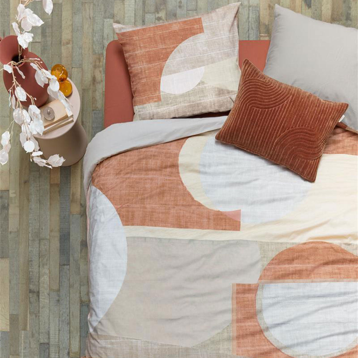 VTWonen Pale Colouring Natural Cotton Quilt Cover Set featuring geometric print in natural colors with solid sand reverse.