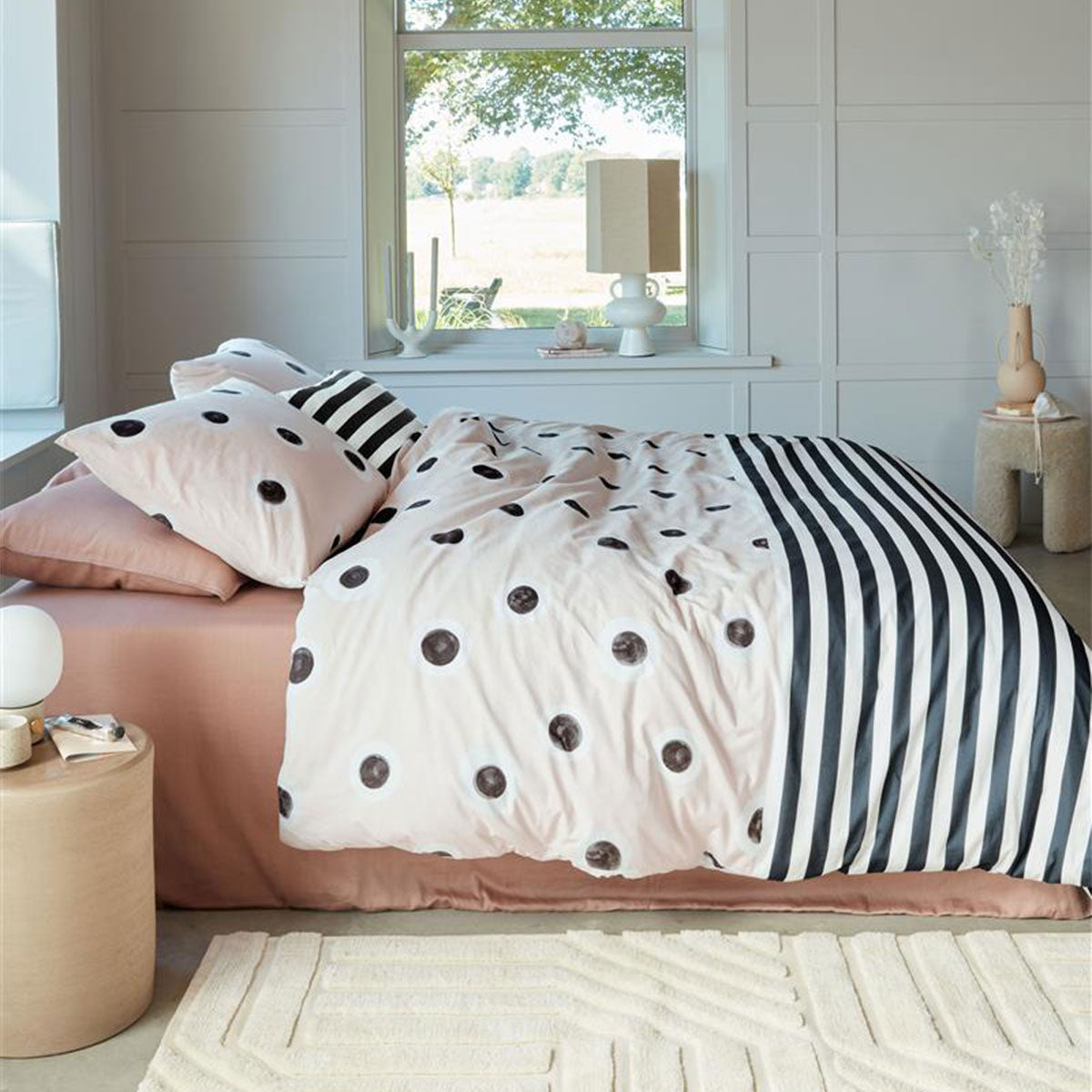 VTWonen Stripe and Eye Natural Cotton Quilt Cover Set King featuring dots and stripes design on a cream background.