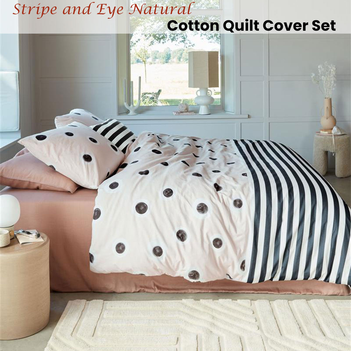 VTWonen Stripe and Eye Natural Cotton Quilt Cover Set King featuring dots and stripes design on a cream background.