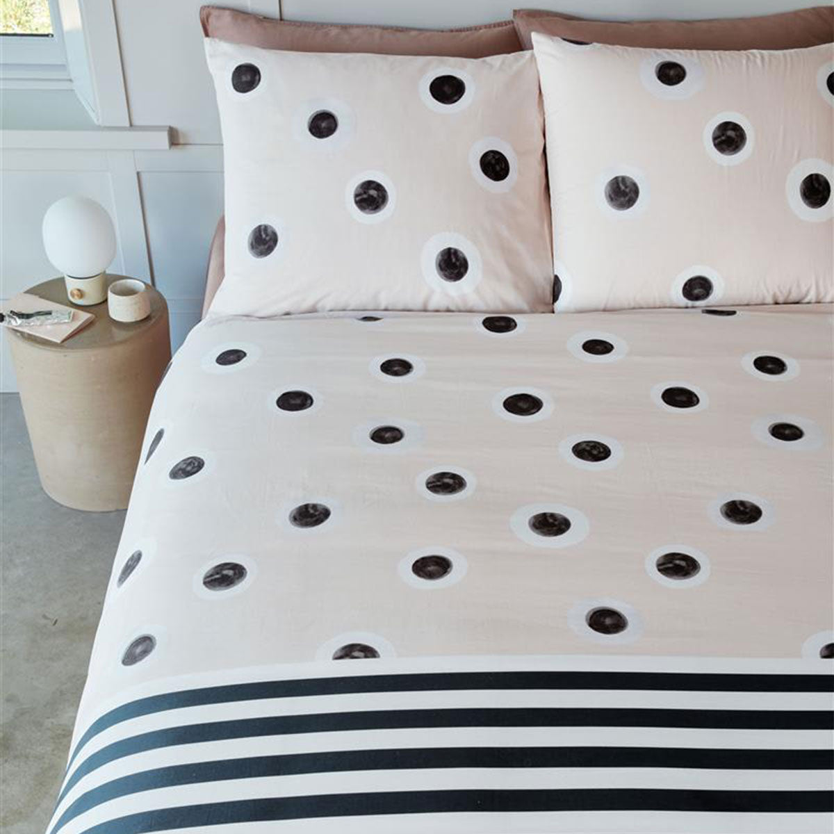 VTWonen Stripe and Eye Natural Cotton Quilt Cover Set featuring dots and stripes design on a cream background.