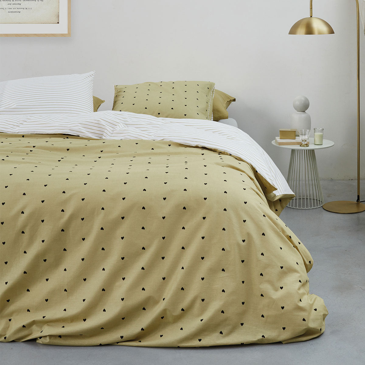 VTWonen Striped Hearts Yellow Cotton Quilt Cover Set featuring reversible heart and striped designs, made from soft percale cotton.