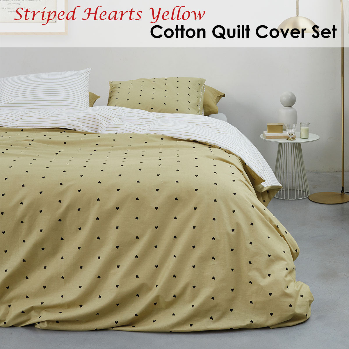 VTWonen Striped Hearts Yellow Cotton Quilt Cover Set featuring reversible heart and striped designs, made from soft percale cotton.