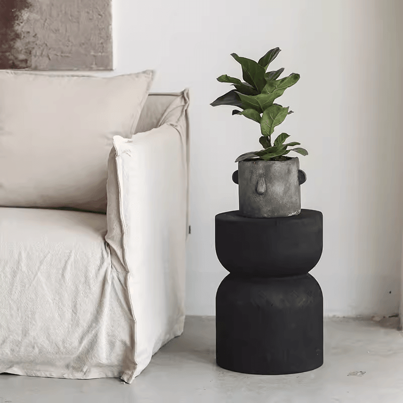 Wabi-Sabi Style Solid Wood Side Table in Carbon Black showcasing unique wood grain and modern design.