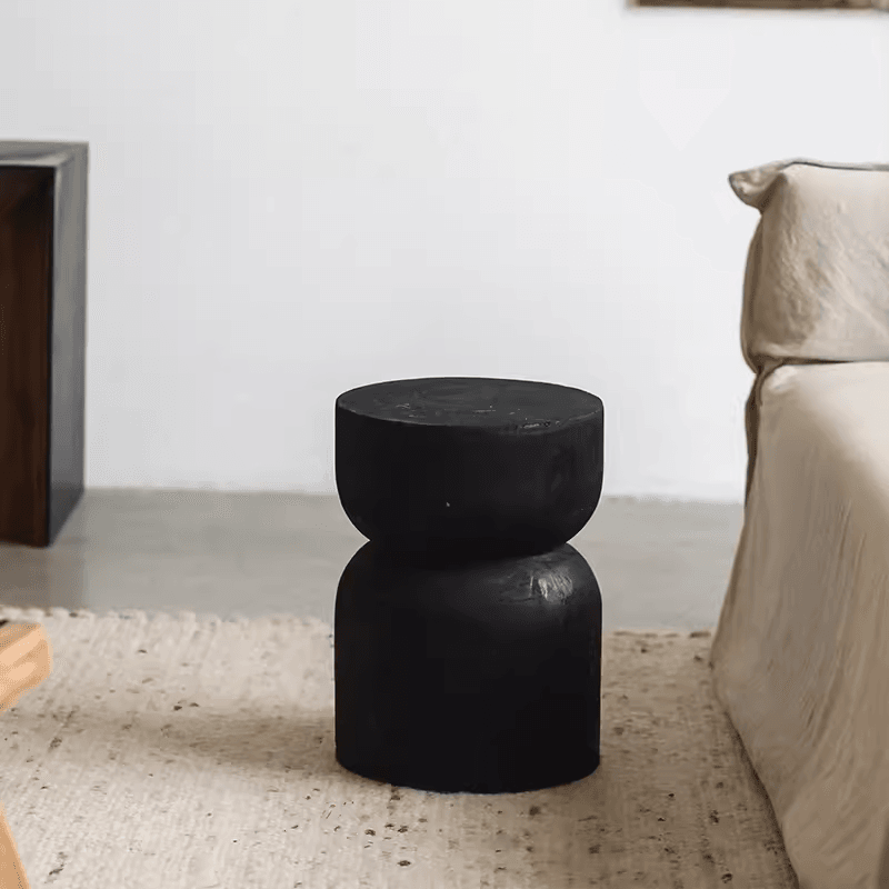 Wabi-Sabi Style Solid Wood Side Table in Carbon Black showcasing unique wood grain and modern design.