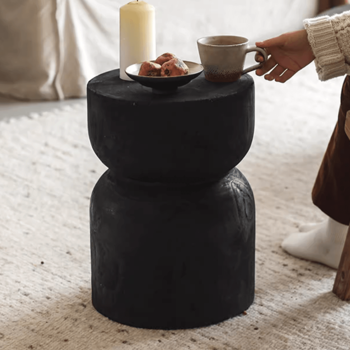 Wabi-Sabi Style Solid Wood Side Table in Carbon Black showcasing unique wood grain and modern design.