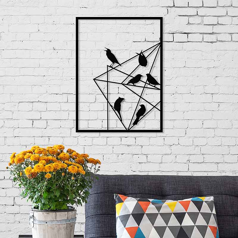 Black metallic wall art featuring birds, measuring 37x2x49cm, perfect for home or business decor.