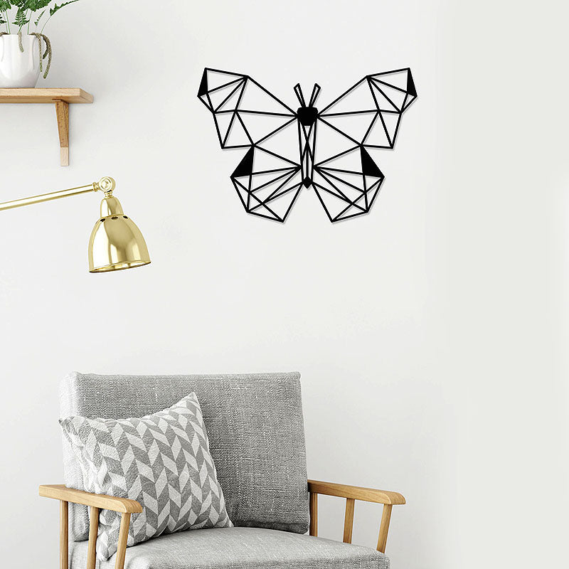 Black metallic butterfly wall art measuring 50x2x35cm, showcasing intricate design and durable construction.