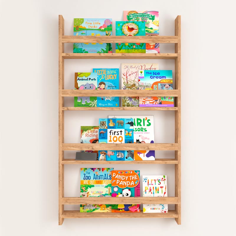 Wall Bookshelf KIDO in Pine Oak, designed for children's autonomy and organization, featuring a stylish finish and durable construction.