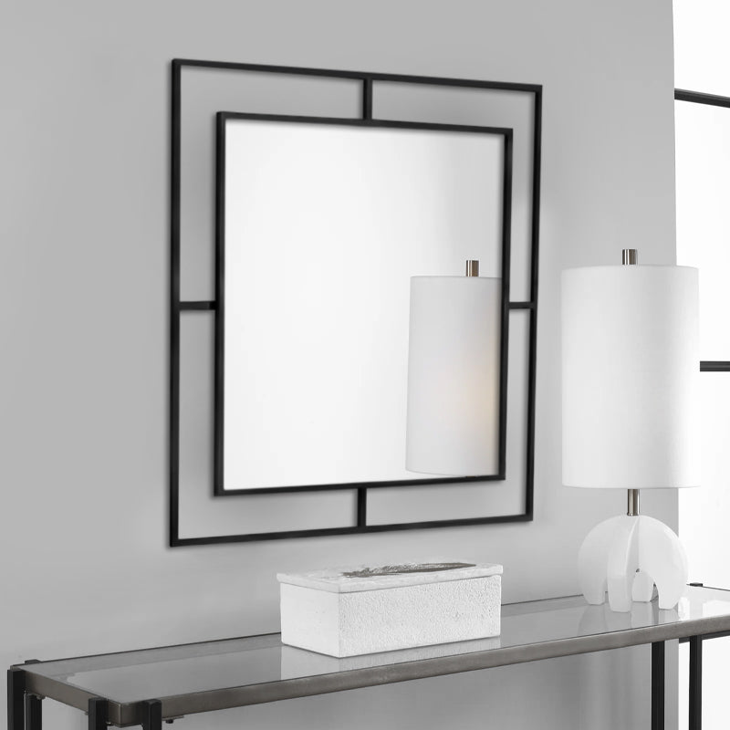 Black aluminum wall mirror measuring 58.6x2x58.6cm, featuring a sleek and modern design.