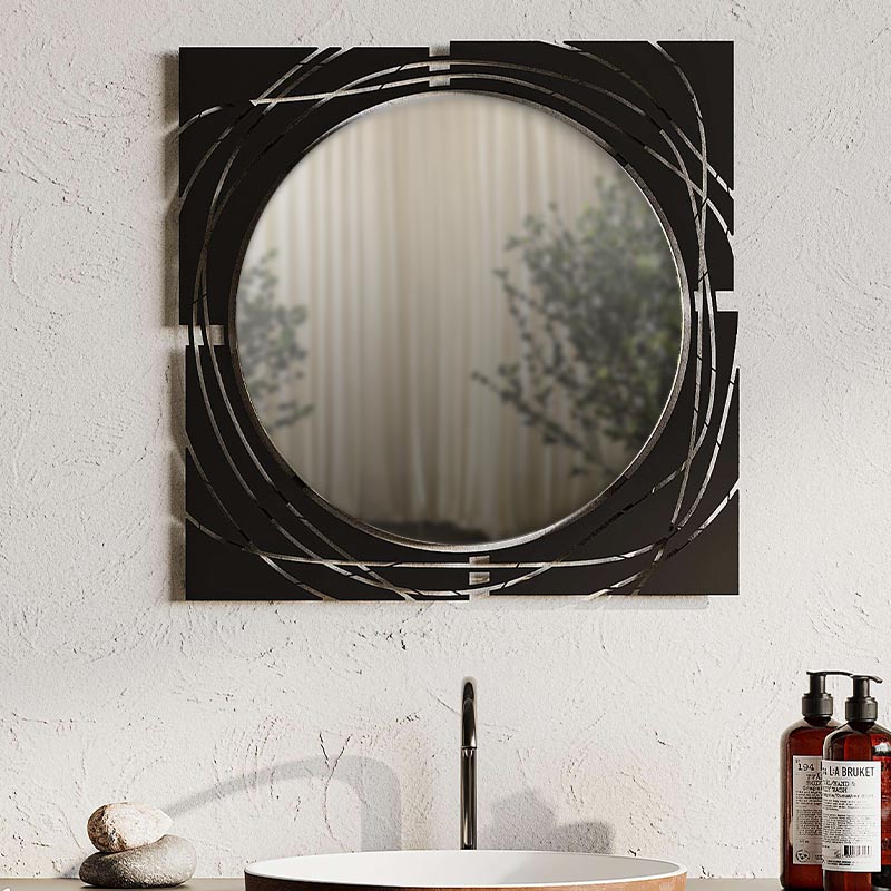 CASSANDRA Black Wall Mirror with metal frame, dimensions 55.6x2x55.6cm, ideal for home and business decor.