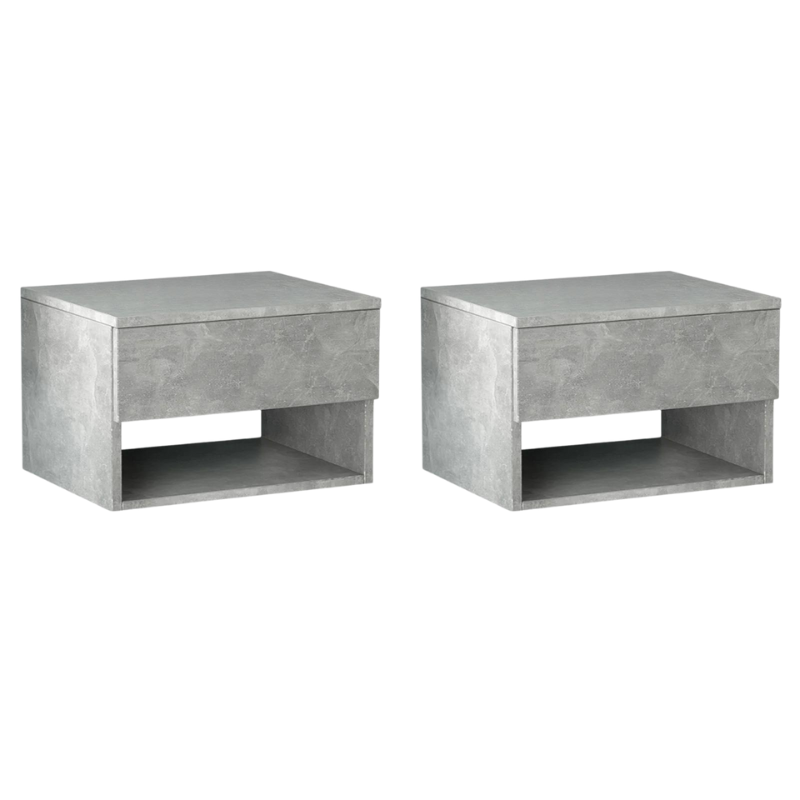 HAITI Wall Nightstand in grey concrete with one drawer and shelf, dimensions 40x30x23 cm.