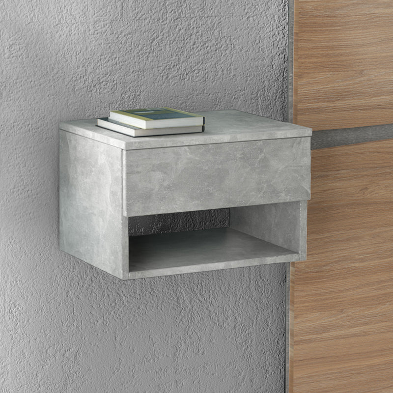 HAITI Wall Nightstand in grey concrete with one drawer and shelf, dimensions 40x30x23 cm.