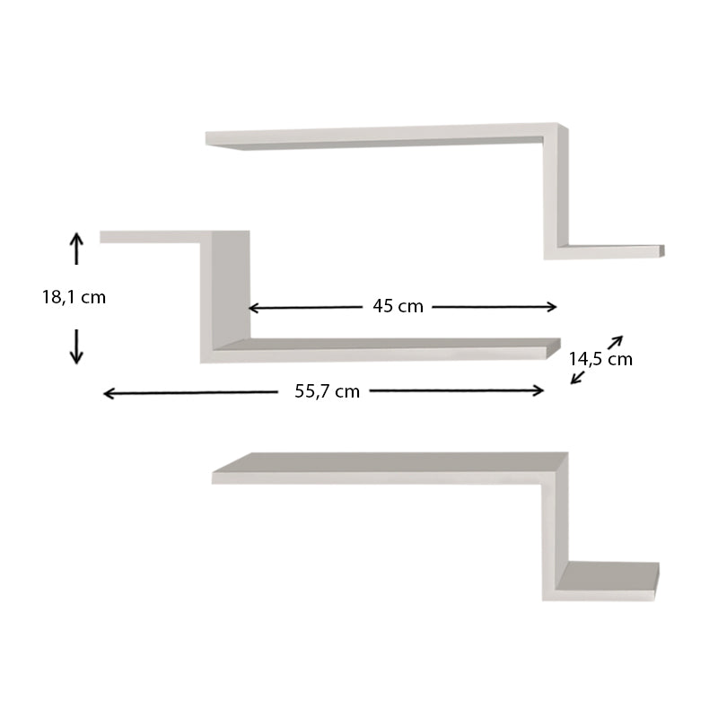 Set of three white wall shelves, each measuring 57.7x14.5x18 cm, made of durable melamine for stylish storage and display.