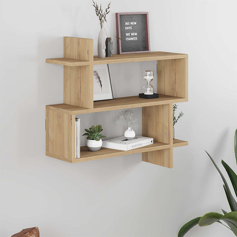 Wall Shelf BERTA in natural beech with three shelves, showcasing a sleek design and elegant oak finish.