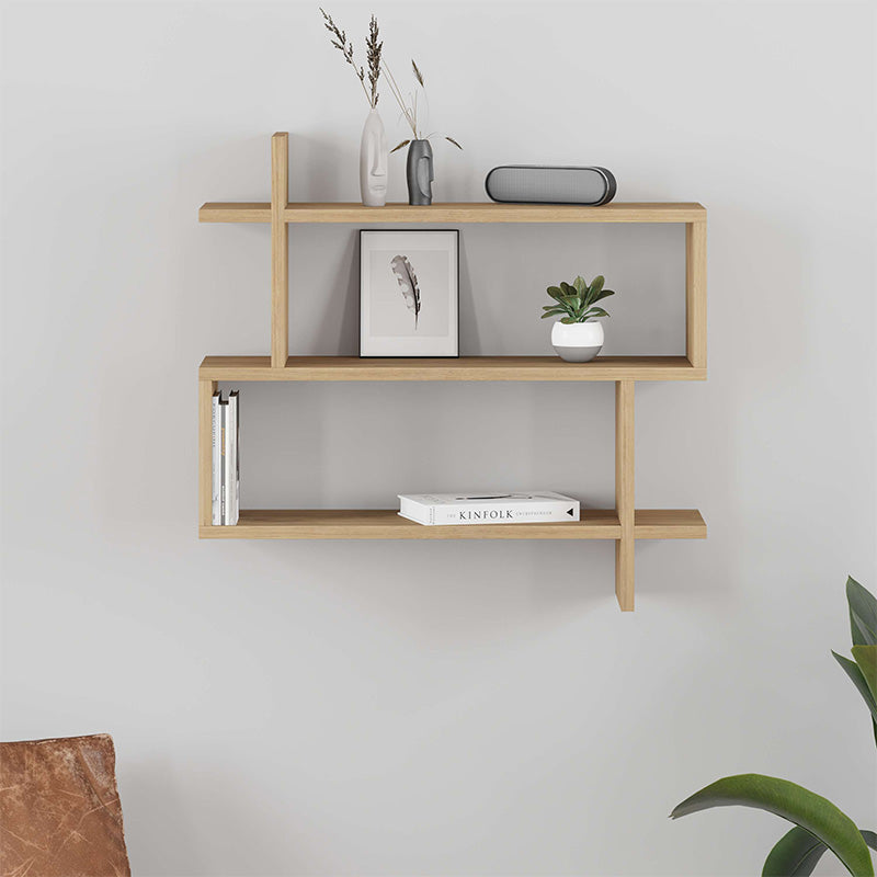 Wall Shelf BERTA in natural beech with three shelves, showcasing a sleek design and elegant oak finish.