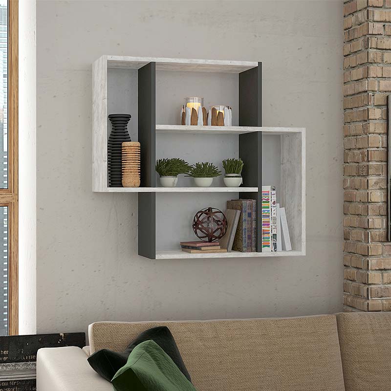 Wall Shelf CLARA in Ancient White and Anthracite, showcasing its elegant design and sturdy melamine construction.