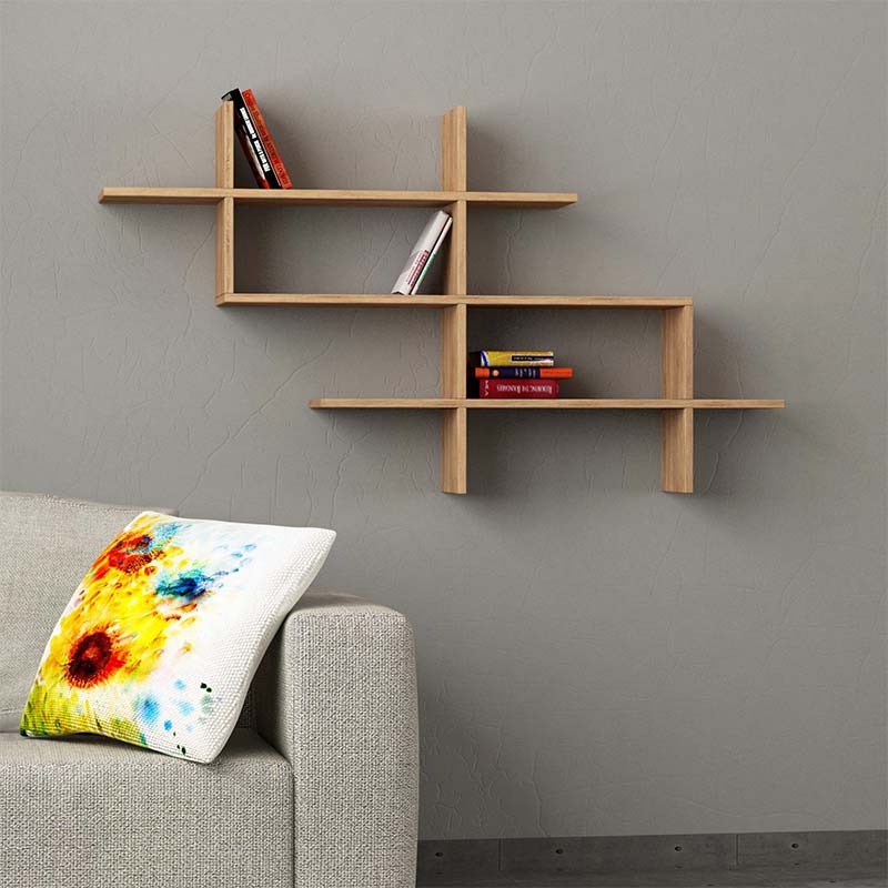 Wall Shelf GRIMM in oak finish, measuring 150x22x82 cm, showcasing a sleek and modern design suitable for various decor styles.