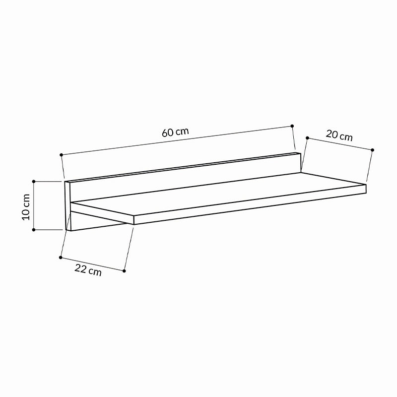 Wall Shelf SHORTY in white, showcasing its sleek design and dimensions of 60x24x10 cm, perfect for home or office use.