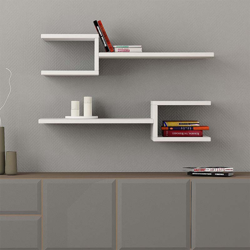 Two white KONDOR wall shelves, each measuring 75x19.5x18 cm, showcasing a sleek melamine finish, perfect for home or office use.