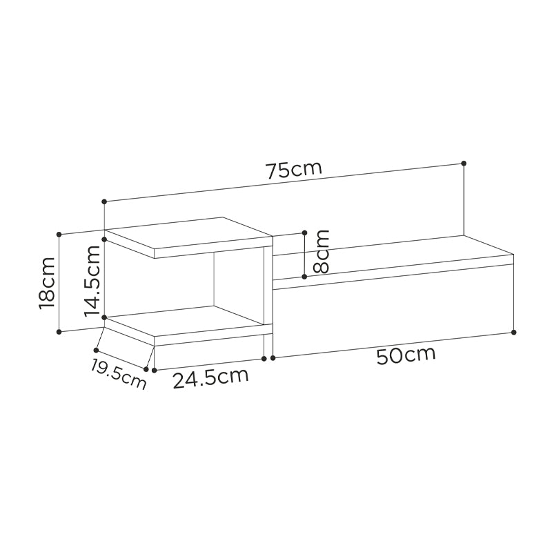 Two white KONDOR wall shelves, each measuring 75x19.5x18 cm, showcasing a sleek melamine finish, perfect for home or office use.